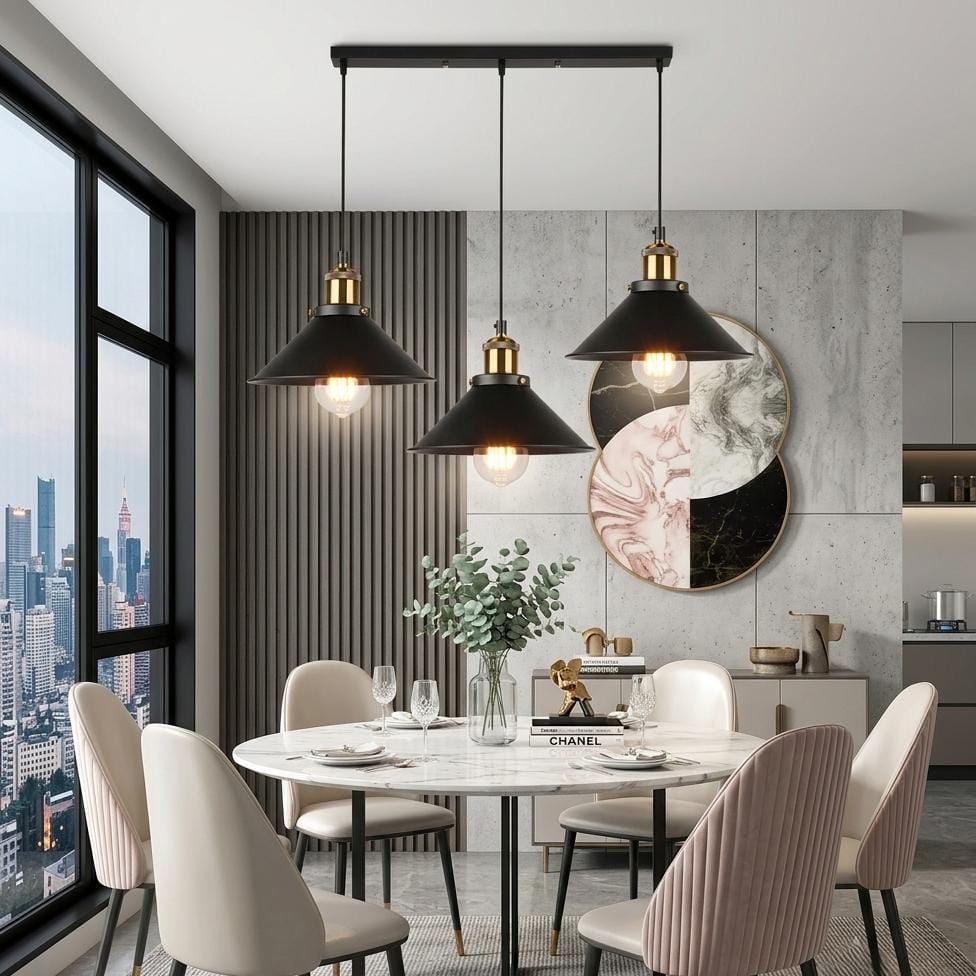 Suspension 3 lampes métal noir, Abat-jour conique industriel loft | Salon salle à manger cuisine Vintage intérieur