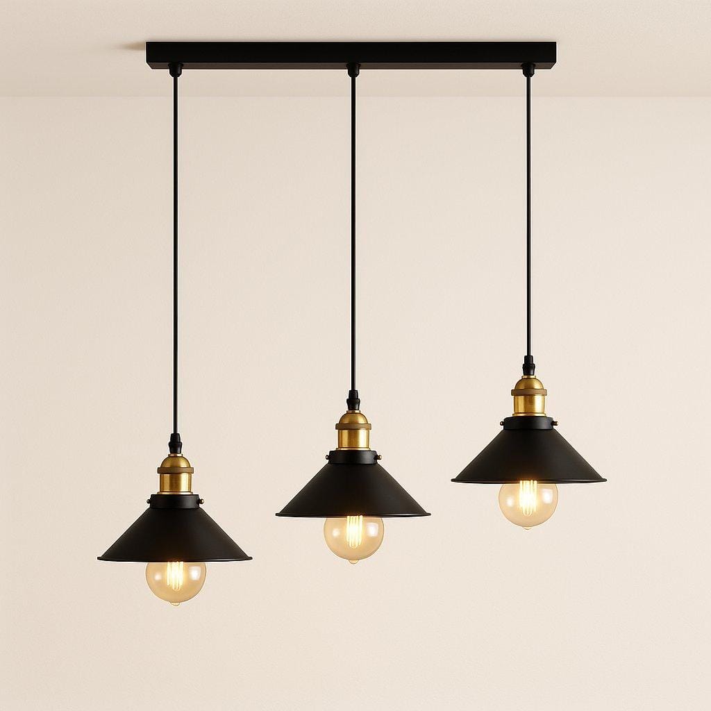Suspension 3 lampes métal noir, Abat-jour conique industriel loft | Salon salle à manger cuisine Vintage intérieur