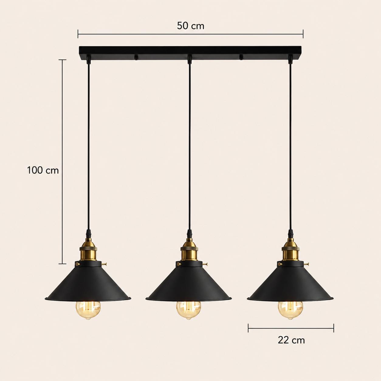 Suspension 3 lampes métal noir, Abat-jour conique industriel loft | Salon salle à manger cuisine Vintage intérieur