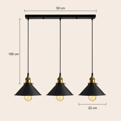 Suspension 3 lampes métal noir, Abat-jour conique industriel loft | Salon salle à manger cuisine Vintage intérieur