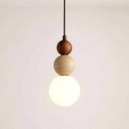 Suspension chambre en pierre & bois naturel, globe de verre opalin | salon, salle à manger, cuisine | style japonais Wabi-sabi