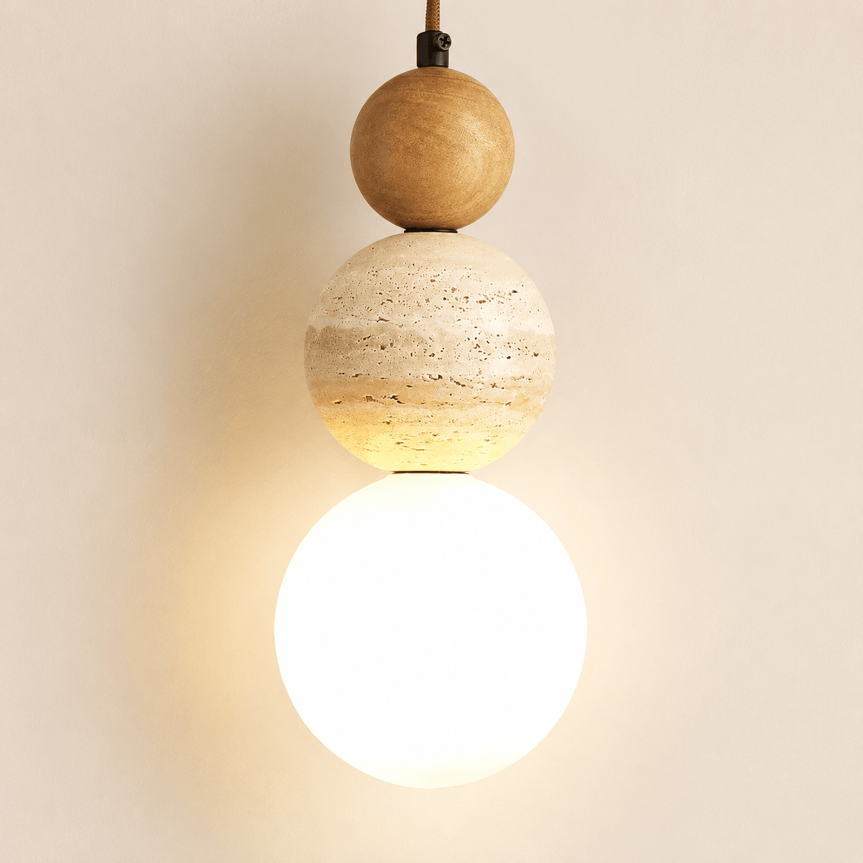 Suspension chambre en pierre & bois naturel, globe de verre opalin | salon, salle à manger, cuisine | style japonais Wabi-sabi