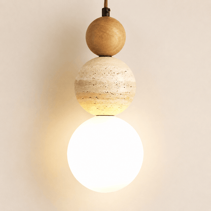 Suspension chambre en pierre & bois naturel, globe de verre opalin | salon, salle à manger, cuisine | style japonais Wabi-sabi