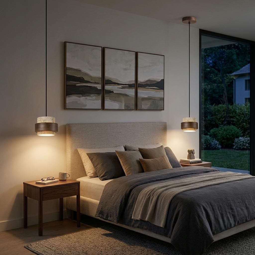 Suspension luminaire en pierre naturelle et bois de noyer | Cylindre wabi-sabi, Chambre salon