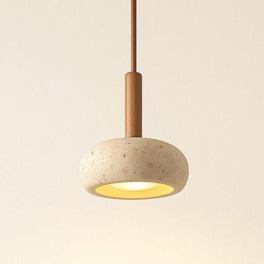 Suspension luminaire en pierre travertin, disque wabi-sabi bois naturel