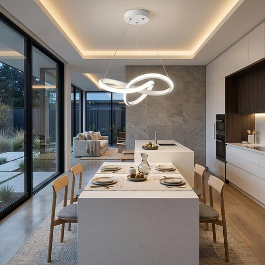 Suspension lustre de salon, anneaux LED infinis, Ruban courbe minimaliste | Salle à manger, chambre style moderne Nordique