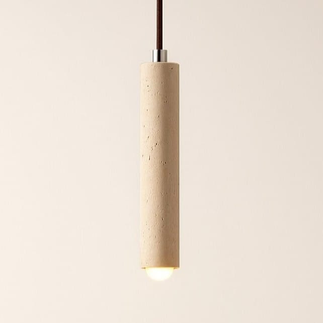 Suspension bois et pierre naturelle travertin, chambre, chevet, tube LED | Style japonais wabi-sabi, intérieur minimaliste