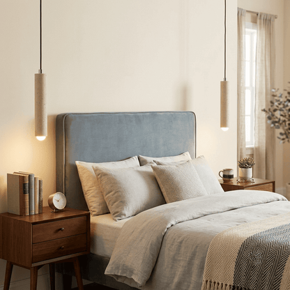 Suspension bois et pierre naturelle travertin, chambre, chevet, tube LED | Style japonais wabi-sabi, intérieur minimaliste