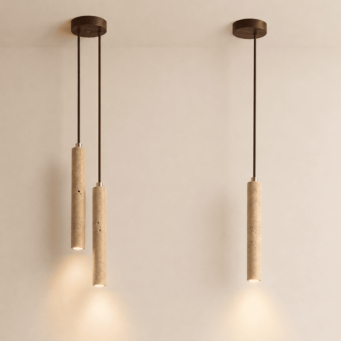 Suspension bois et pierre naturelle travertin, chambre, chevet, tube LED 