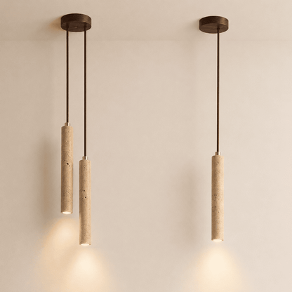Suspension bois et pierre naturelle travertin, chambre, chevet, tube LED 