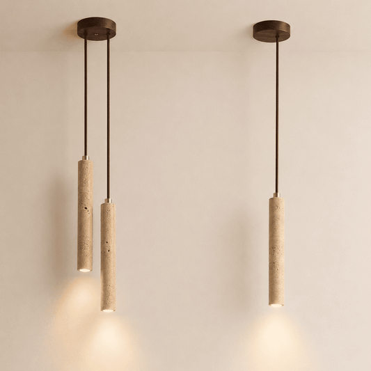 Suspension bois et pierre naturelle travertin, chambre, chevet, tube LED 