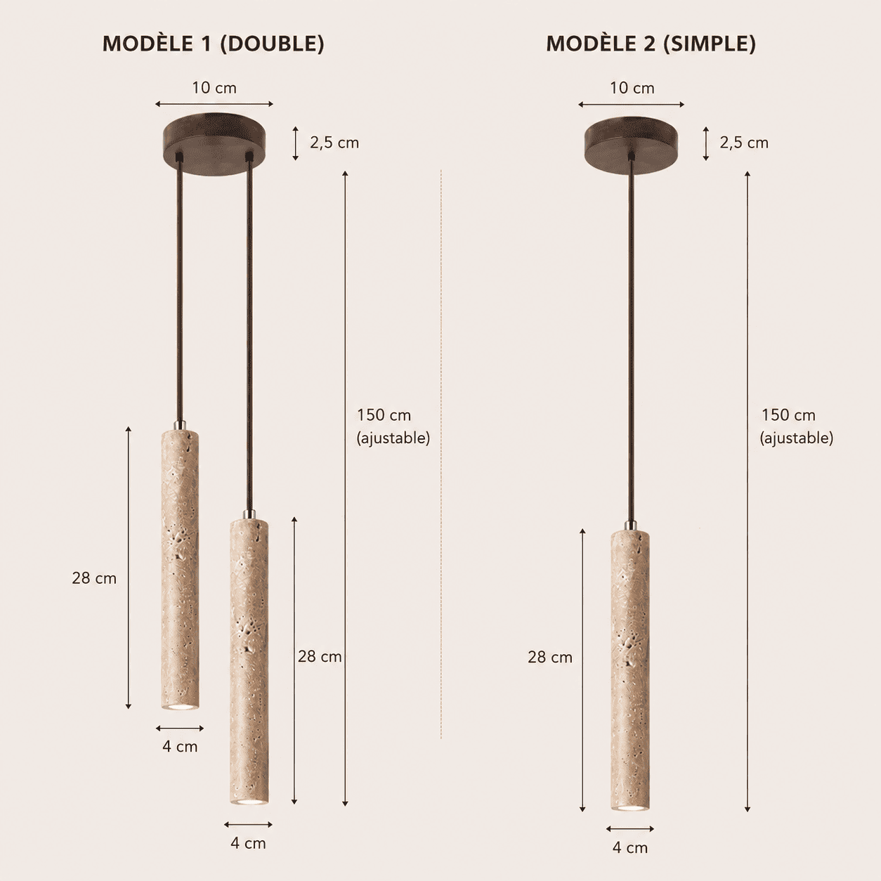 Suspension bois et pierre naturelle travertin, chambre, chevet, tube LED | Style japonais wabi-sabi, intérieur minimaliste