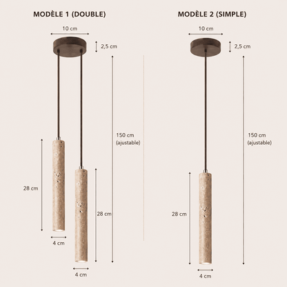 Suspension bois et pierre naturelle travertin, chambre, chevet, tube LED | Style japonais wabi-sabi, intérieur minimaliste