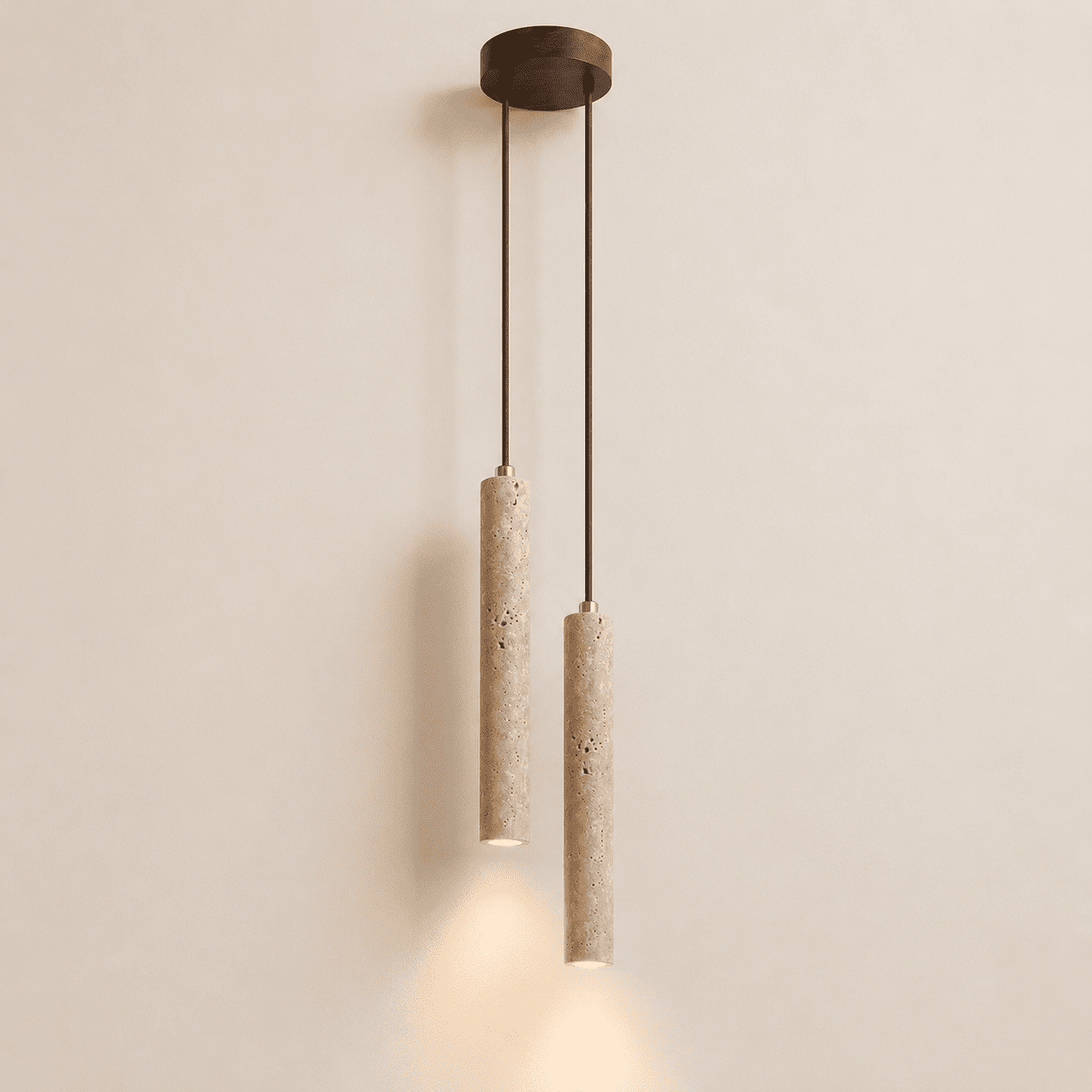Suspension bois et pierre naturelle travertin, chambre, chevet, tube LED | Style japonais wabi-sabi, intérieur minimaliste