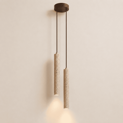 Suspension bois et pierre naturelle travertin, chambre, chevet, tube LED | Style japonais wabi-sabi, intérieur minimaliste