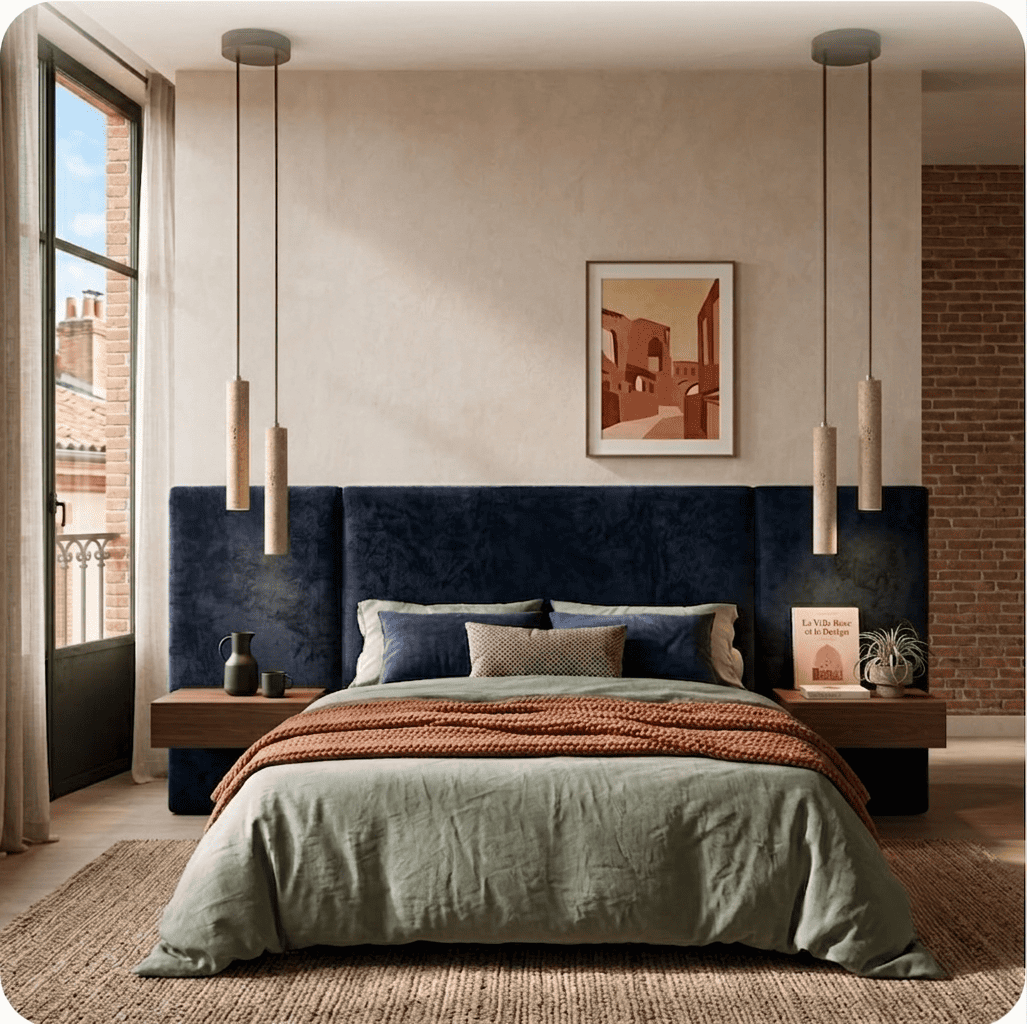 Suspension bois et pierre naturelle travertin, chambre, chevet, tube LED | Style japonais wabi-sabi, intérieur minimaliste