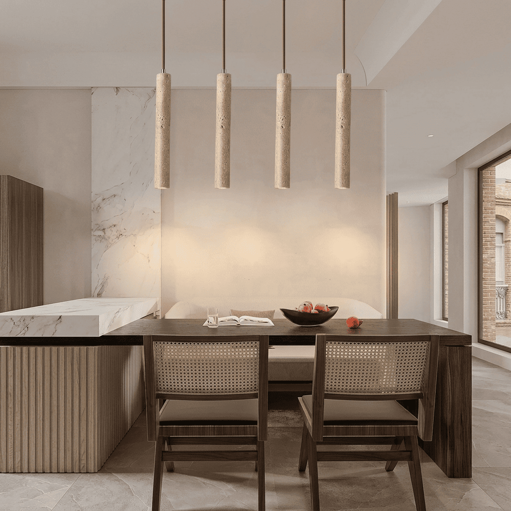 Suspension bois et pierre naturelle travertin, chambre, chevet, tube LED | Style japonais wabi-sabi, intérieur minimaliste