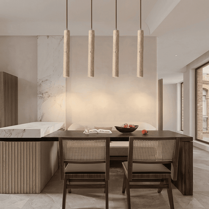 Suspension bois et pierre naturelle travertin, chambre, chevet, tube LED | Style japonais wabi-sabi, intérieur minimaliste