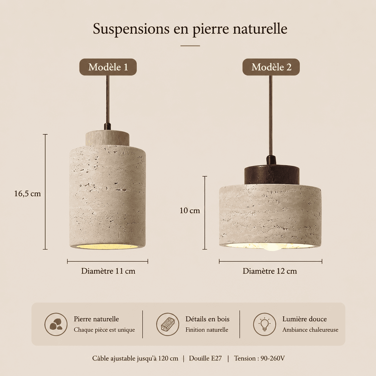 Suspension chambre en pierre naturelle travertin, cylindre bois wabi-sabi japonais | Salle à manger, salon, intérieur minimaliste
