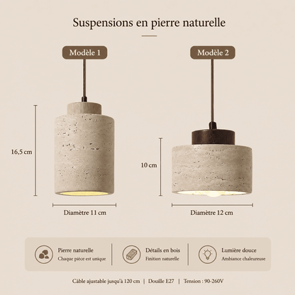 Suspension chambre en pierre naturelle travertin, cylindre bois wabi-sabi japonais | Salle à manger, salon, intérieur minimaliste