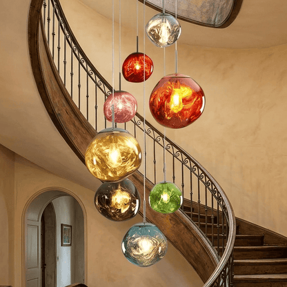 Suspension design globe PVC, effet verre soufflé | Salon escalier intérieur moderne