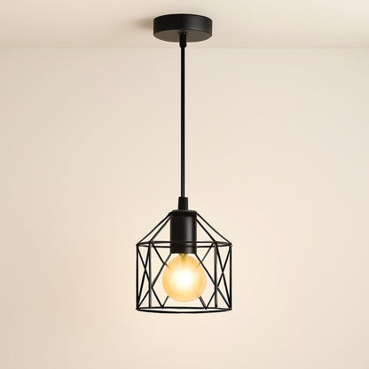 Suspension industrielle 3 lampes, cage métallique noire de style vintage loft | Salon salle à manger cuisine, intérieur