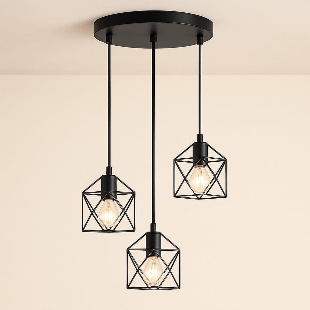 Suspension industrielle 3 lampes, noire vintage loft