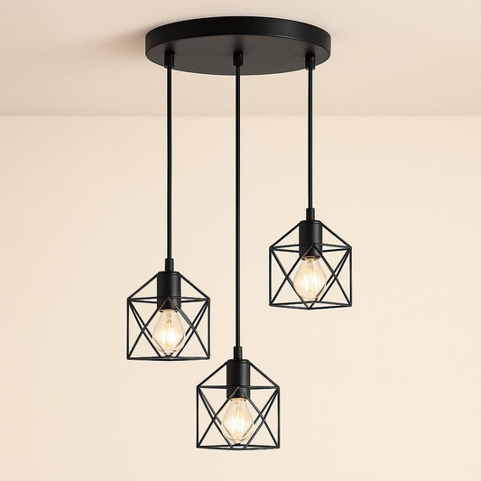 Suspension industrielle 3 lampes, noire vintage loft