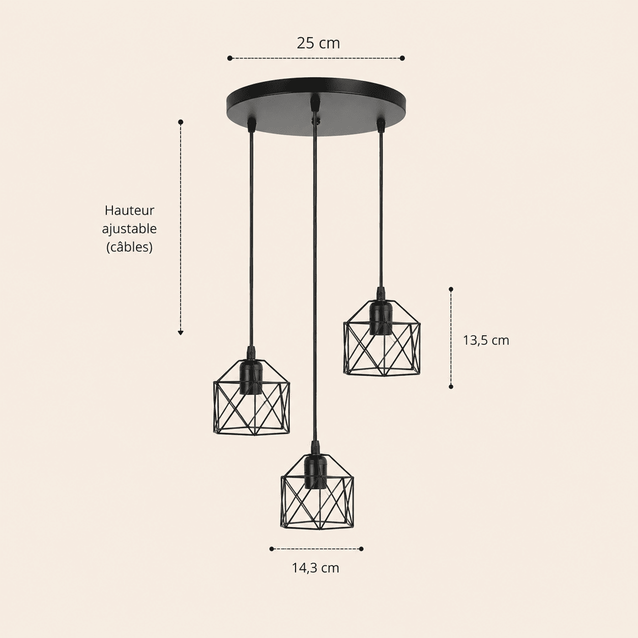 Suspension industrielle 3 lampes, cage métallique noire de style vintage loft | Salon salle à manger cuisine, intérieur