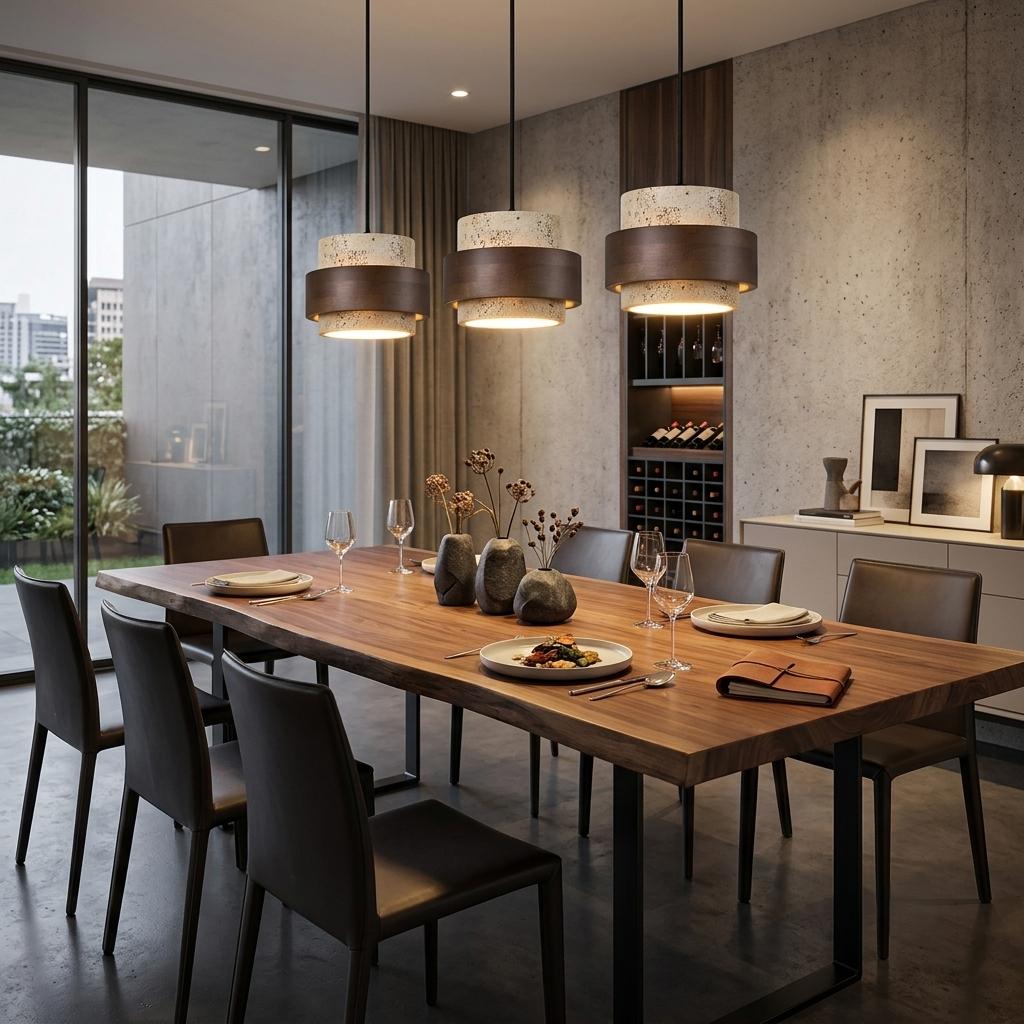 Suspension luminaire en pierre naturelle et bois de noyer | Cylindre wabi-sabi, Chambre salon