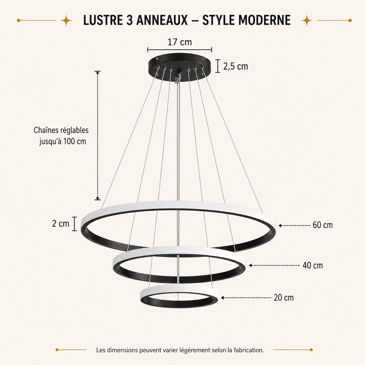 Suspension lustre LED Salle à manger salon Moderne intérieur | anneaux aluminium 3 cercles, dimmable