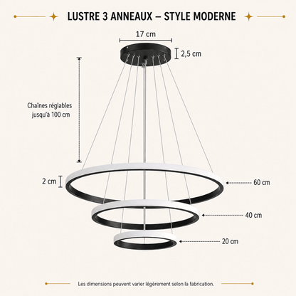 Suspension lustre LED Salle à manger salon Moderne intérieur | anneaux aluminium 3 cercles, dimmable