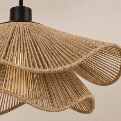 Suspension lustre rotin osier avec Abat-jour Bohème ondulé | Salon chambre salle à manger