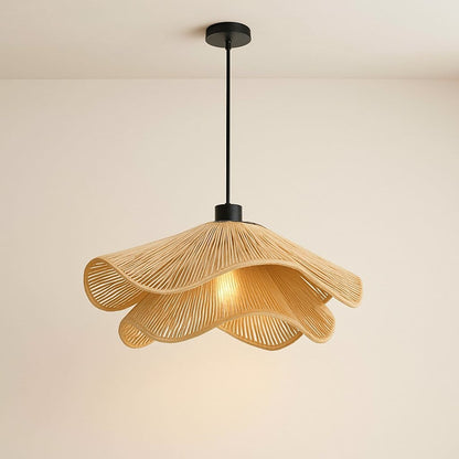 Suspension lustre rotin osier avec Abat-jour Bohème ondulé | Salon chambre salle à manger