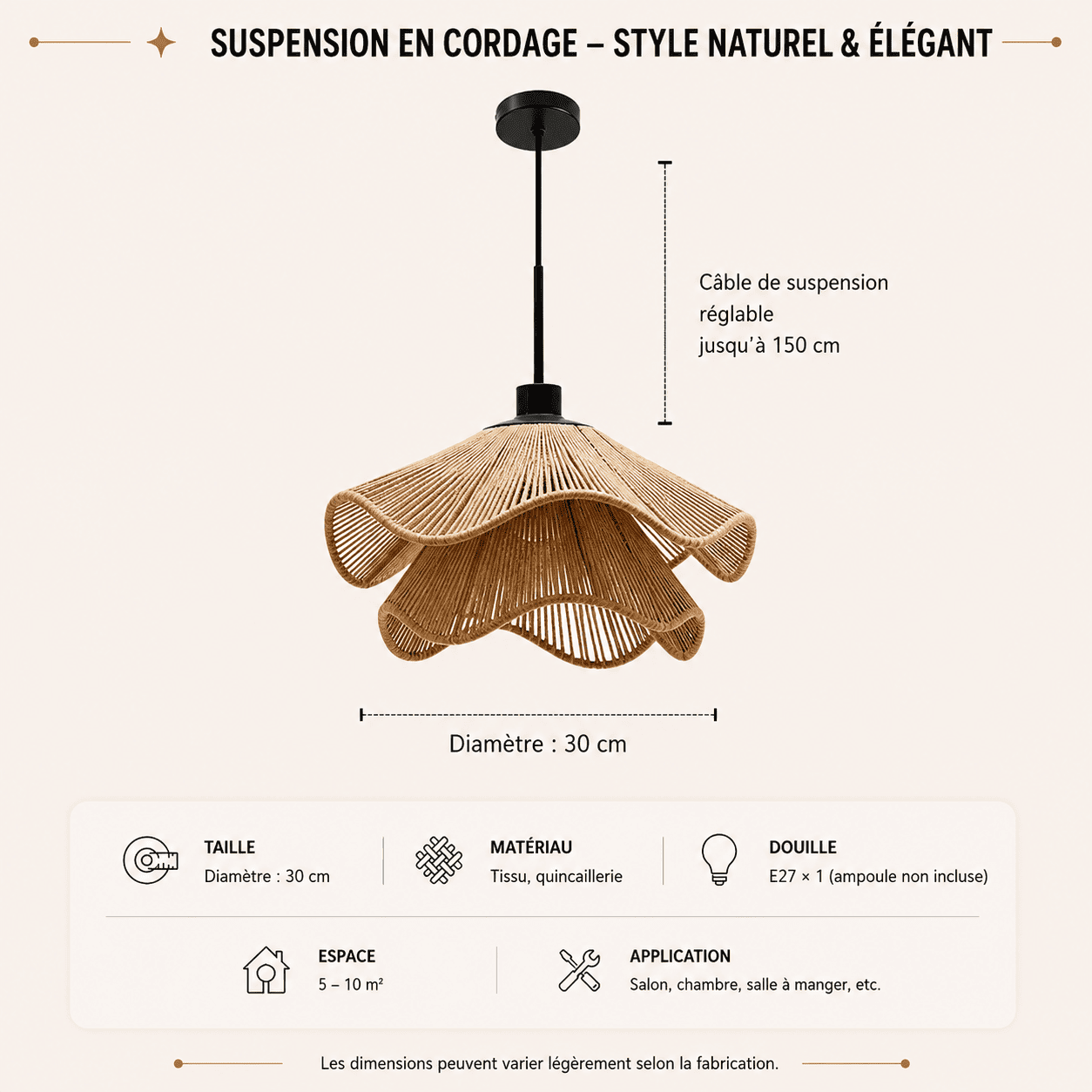 Suspension lustre rotin osier avec Abat-jour Bohème ondulé | Salon chambre salle à manger