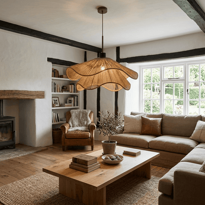 Suspension lustre rotin osier avec Abat-jour Bohème ondulé | Salon chambre salle à manger