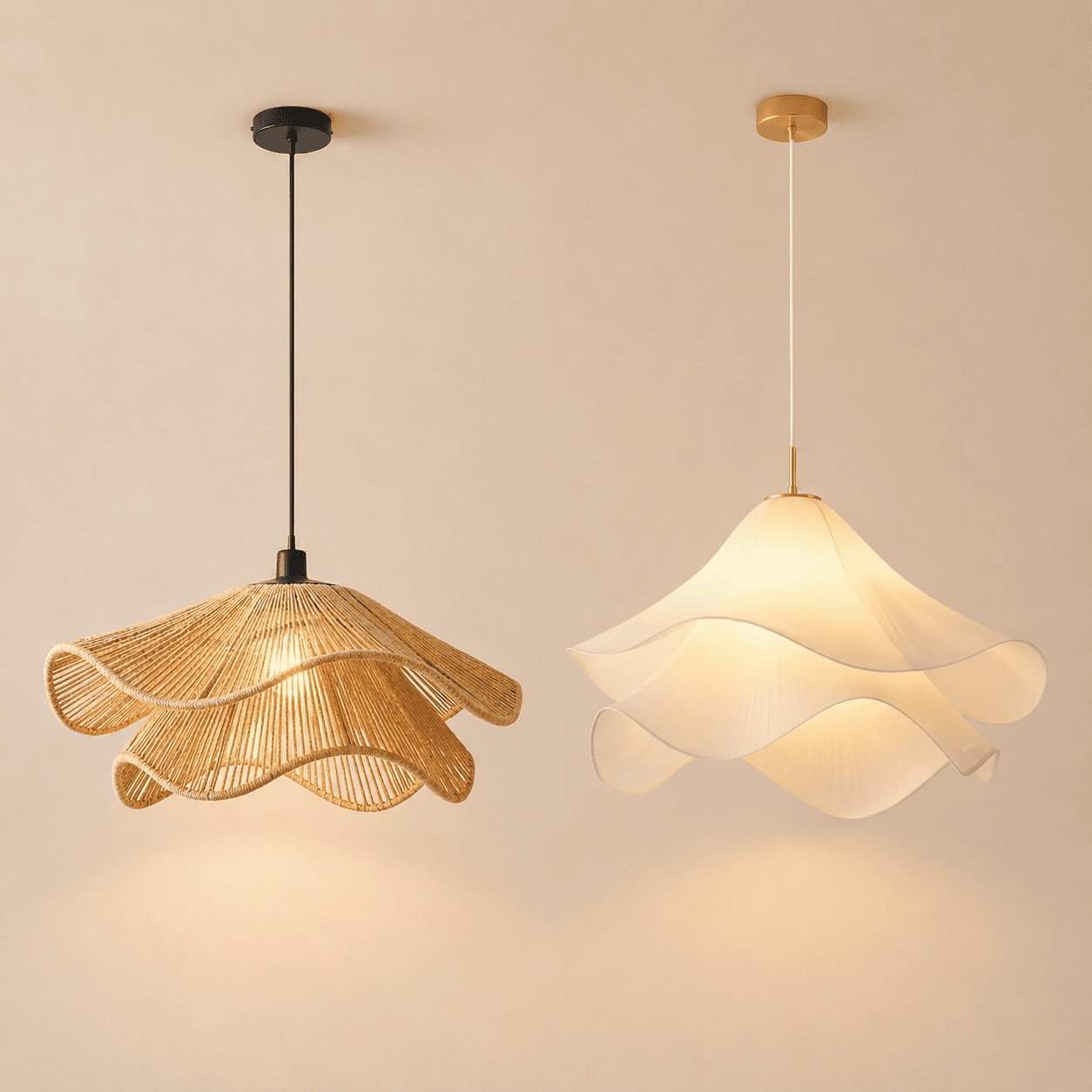 Suspension lustre rotin osier avec Abat-jour Bohème ondulé