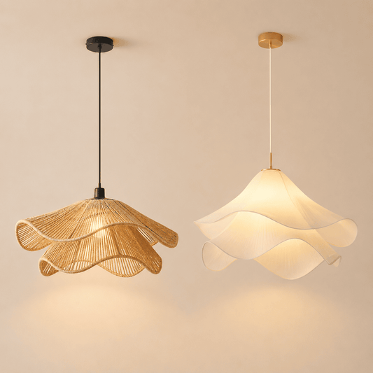 Suspension lustre rotin osier avec Abat-jour Bohème ondulé