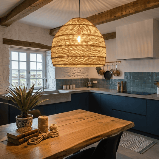 Suspension rotin tressé, abat jour en cloche naturelle bohème | Salon cuisine chambre, café, Intérieur