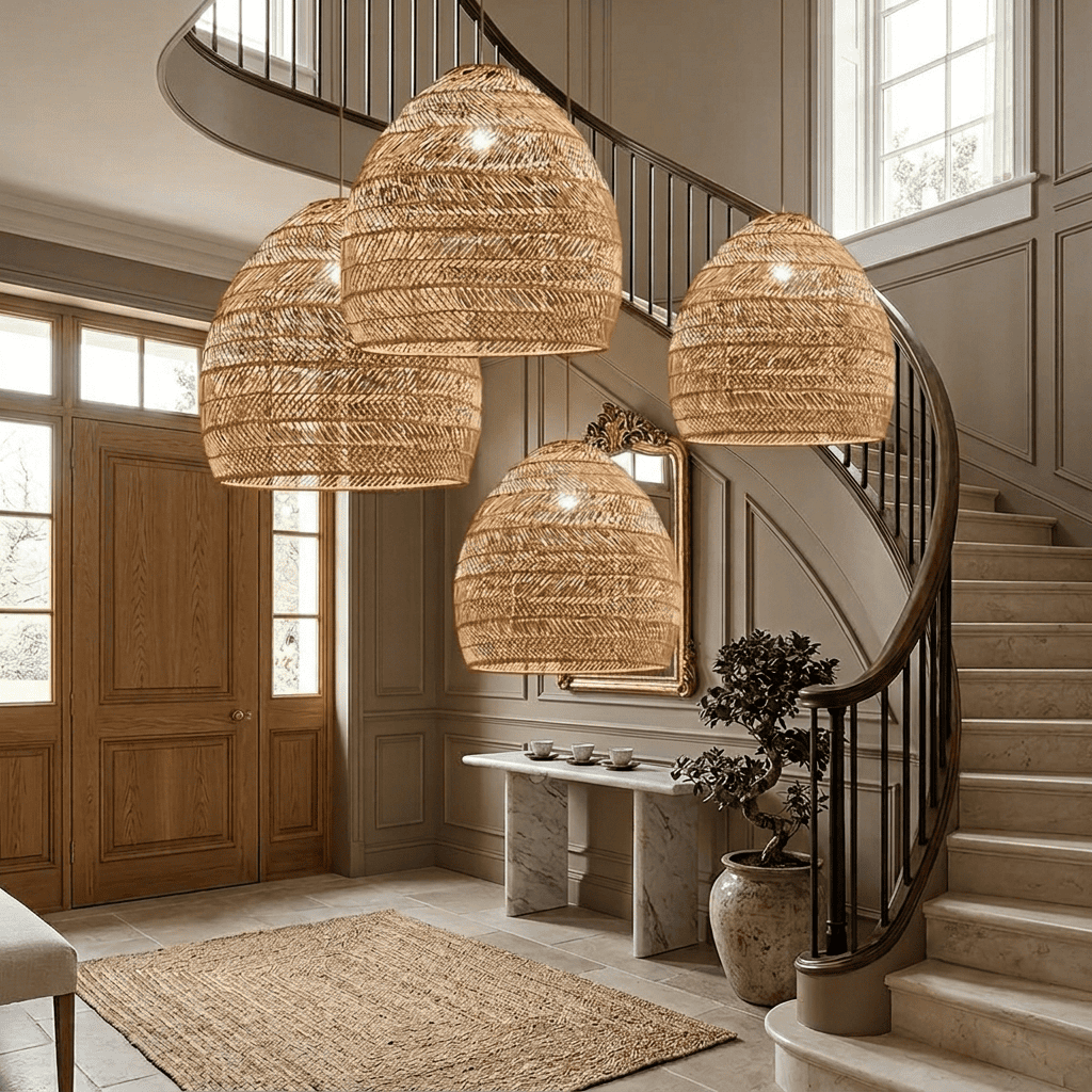 Suspension rotin tressé, abat jour en cloche naturelle bohème | Salon cuisine chambre, café, Intérieur