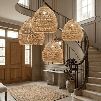 Suspension rotin tressé, abat jour en cloche naturelle bohème | Salon cuisine chambre, café, Intérieur