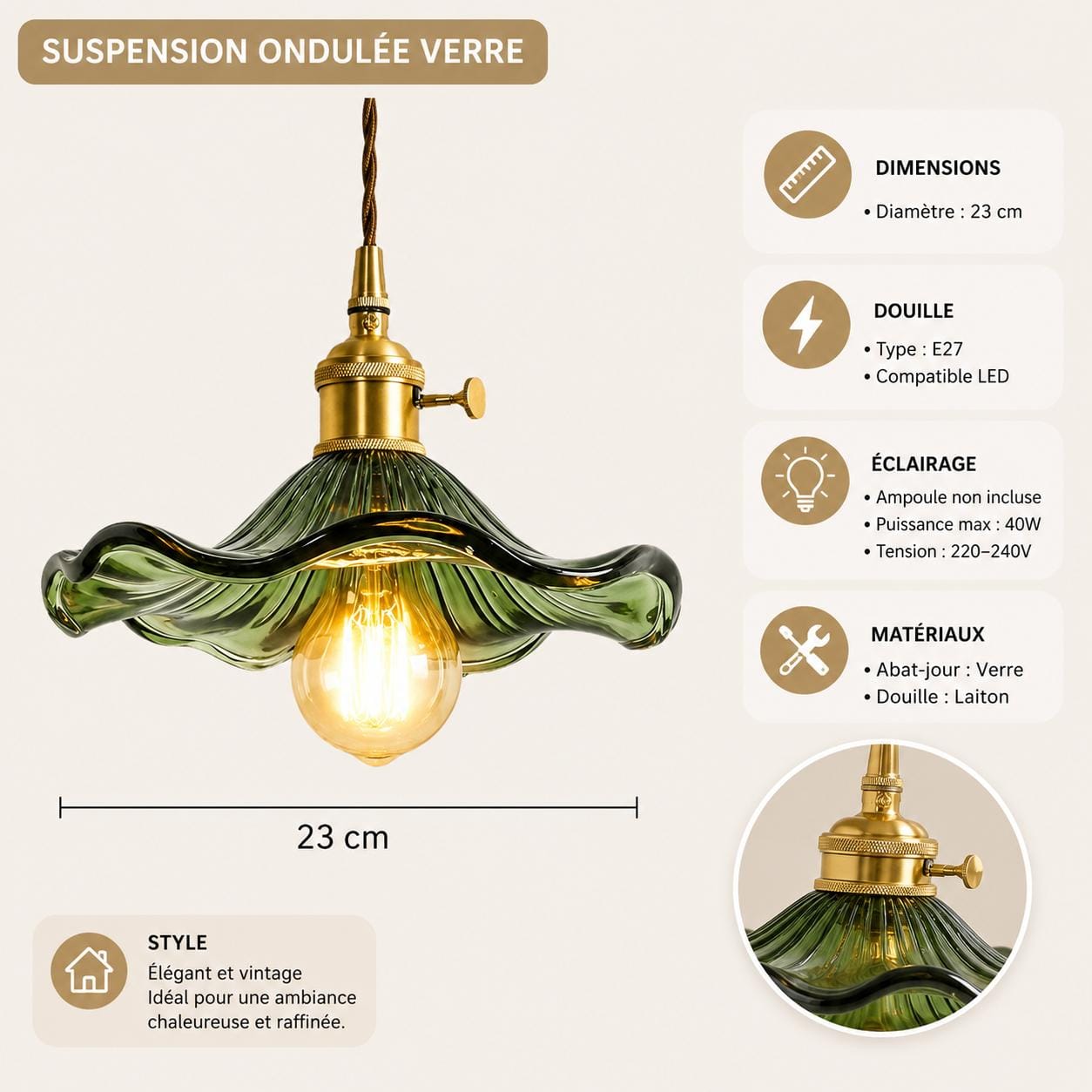 Suspension verre soufflé fleur & Laiton cuivré vintage | Salon chambre bar, intérieur rétro