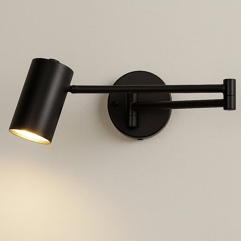 Applique murale chambre liseuse tête de lit, métal noir | Bras articulé rétractable, interrupteur ou dimmable