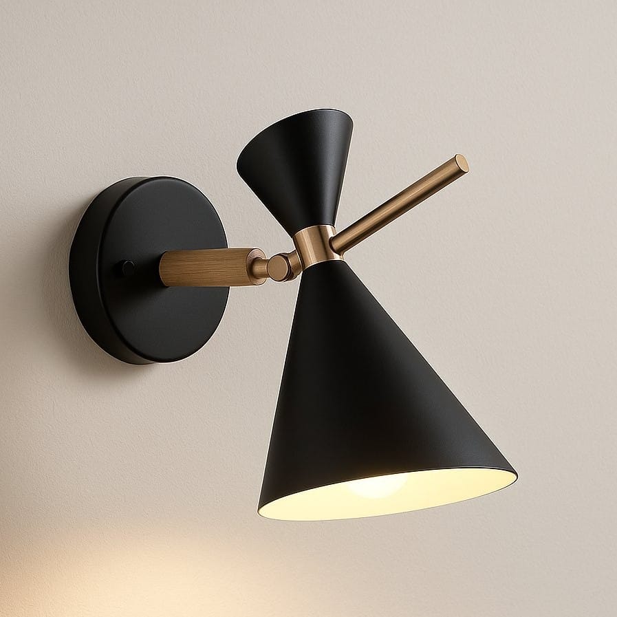 Applique murale métal, Abat-jour conique chambre salon | Bras laiton orientable style nordique