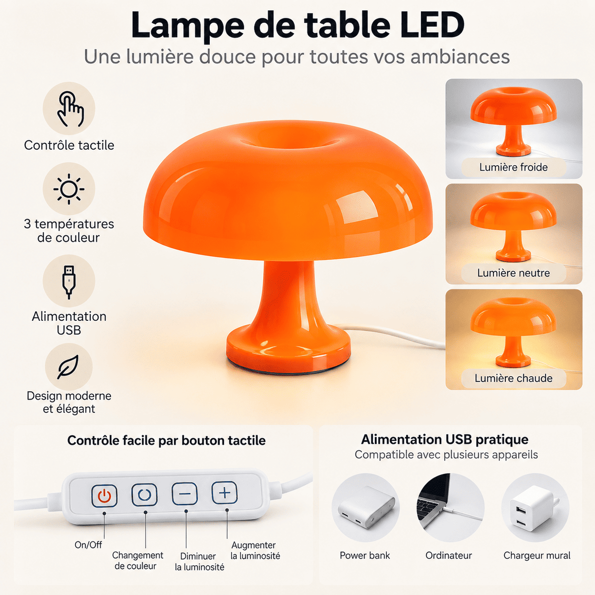 Lampe de Chevet Vintage Champignon Orange LED