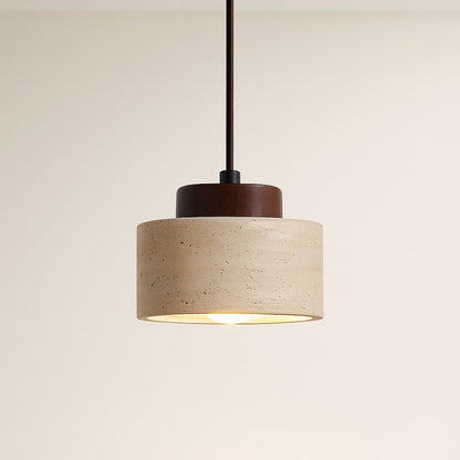 Suspension chambre en pierre naturelle travertin, cylindre bois wabi-sabi japonais | Salle à manger, salon, intérieur minimaliste
